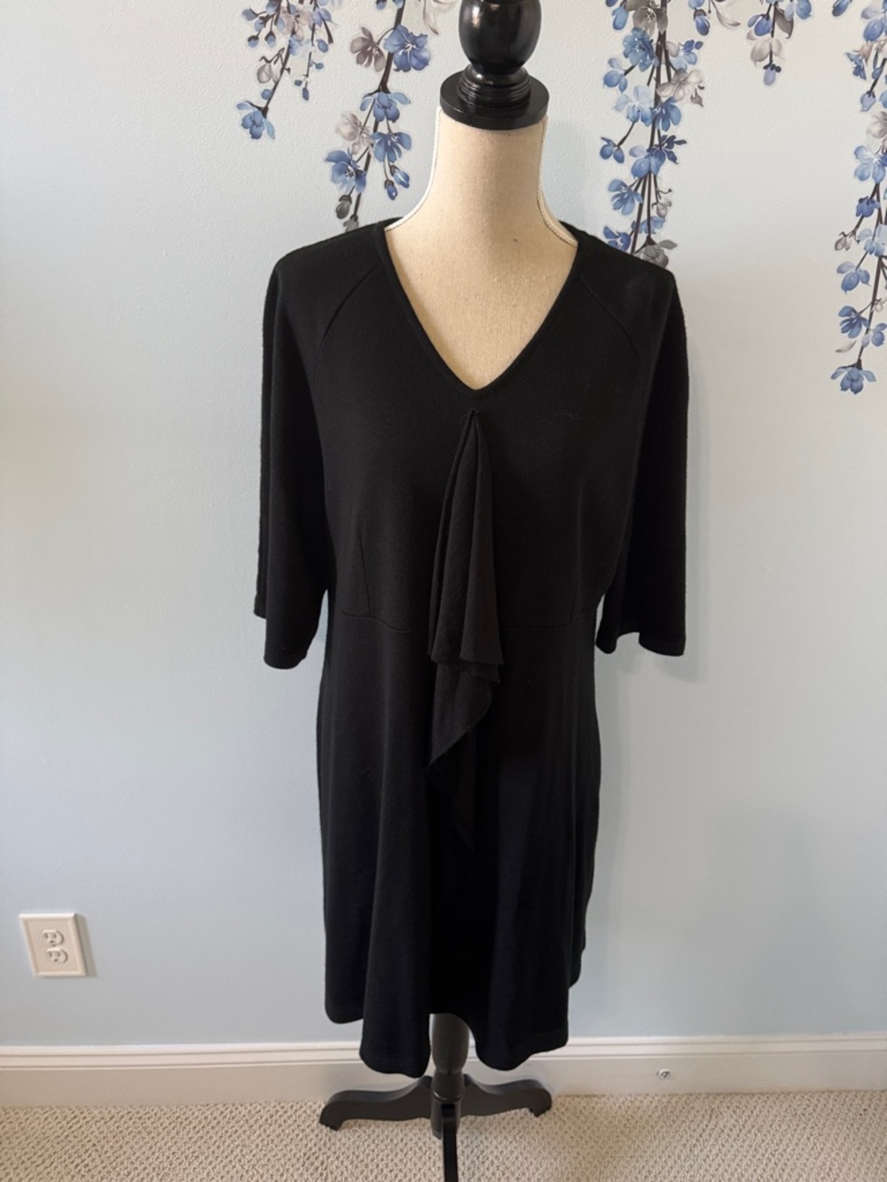 Lane Bryant Black V-Neck Midi Dress with Front Ruffle